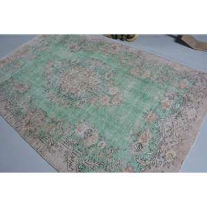 Vintage 5ft 6in X 8ft 7in Vert Beige Turc Laine Tapis Classique Grande Surface Rectangle Patchwork Latex pour Couloir Chambre Décor - Product Image 4