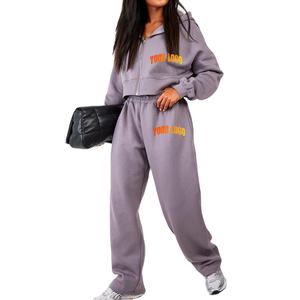 Meilleure vente Crop Top 100% coton 350 Gsm fermeture éclair logo personnalisé sérigraphié deux pièces dernière conception survêtement pour les femmes - Product Image 1