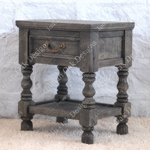 <b>Rustic</b> Antique Style Handmade Indian Oak Solid Wood Nightstand 1 Drawer Distressed Finish Bedroom Living Room Furniture Home - Product Image 2