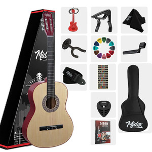 Kit de Guitarra Clásica Junior de 36 Pulgadas 3/4 para Niños de 8 a 12 Años, Tapa de Abeto con Funda, Capo, Correa, Púas y Libro de Métodos |   Midex CG-36NT-PAK - Product Image 1