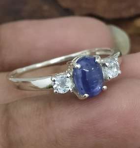 Anillo de cianita azul, anillo de compromiso de tres piedras de plata de ley, joyería de piedras preciosas naturales para regalo de mujer - Product Image 6