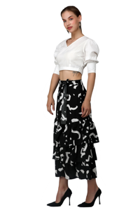 Conjunto de Falda y Top Corto Asimétrico Vintage Hecho a Mano para Mujer, Tela Suave, Estampado Abstracto Blanco y Negro, Abertura Alta, Casual, para Fiesta - Product Image 2