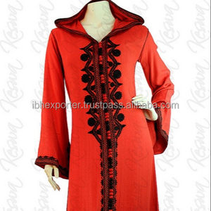 <b>Red</b> Embroided and Hoded Silk <b>Fabric</b> Caftan for Muslim Womens Islamic Clothhing - Product Image 1