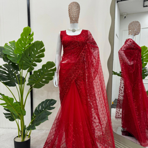 Saree de créateur sur filet doux avec fil et séquence et dentelle fantaisie - Product Image 1