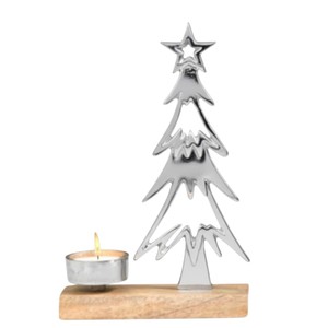 Modern Silver Metal Christmas Tree <b>Tea</b> <b>Light</b> <b>Candle</b> Holder With Wooden Base Handcrafted Home Table Centerpiece Festive Decor - Product Image 1