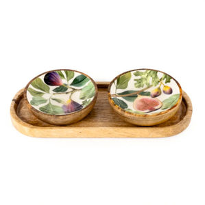 Bol à tremper design floral lot de 2 avec assiette ovale bol en bois de manguier - Product Image 1