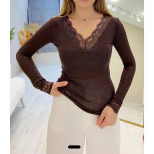 Blusa Elegante de Poliéster para Mujer Mybeefashion, con Detalle de Encaje Marrón, Manga Larga, para Uso Diario e Informal - Product Image 1