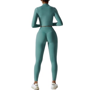 Wholesales Custom Fitness Crop Top and <b>Leggings</b> Matching Outfit Two Piece Gym Biker Crop Top 2 piece Set Women 2026 - Product Image 3