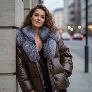 Veste matelassée en cuir véritable pour femme avec col en fourrure de renard, coupe-vent d'hiver, fermeture éclair, style streetwear - Product Image 1
