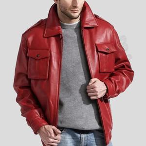 Poches doublées sur le front-Hommes Mode Véritable Rouge-Cuir Casual Fashion Bombers Jackets Coat - Product Image 1
