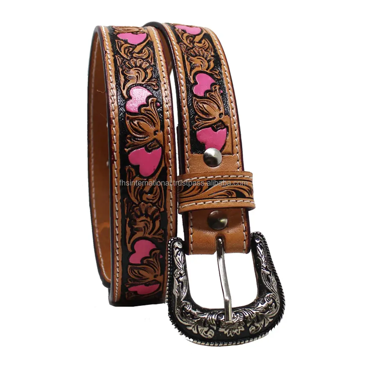 Elegant Pink Coloured Kids Western Tooled Leather Belt Little Hearts for Little ones Zinc Alloy Engraved Buckle