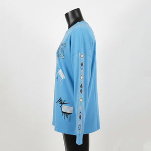 T-shirt à manches longues en jersey de coton premium bleu ciel avec panneau de manche et strass, personnalisable par transfert thermique (logo) - Product Image 3