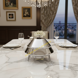 Casserole de luxe en acier inoxydable avec couvercle, forme UFO, isolée, à pied, intérieur en acier inoxydable, extérieur poli, pour servir sur table - Product Image 6