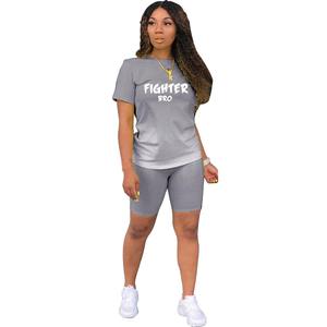 Algodón Logotipo personalizado Acanalado Gris Loungewear Camiseta de manga corta Pantalones cortos Conjunto de 2 piezas Ropa Mujer Primavera Verano - Product Image 1