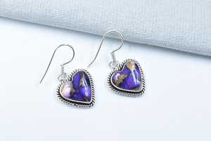 Boucles d'oreilles pendantes en forme de cœur en argent sterling avec pierre précieuse naturelle turquoise et dahlia violet faites à la main, unisexes, pour mariages, fêtes, cadeaux, occasions spéciales - Product Image 5