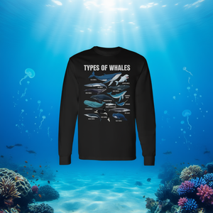Maglietta Educativa a Maniche Lunghe per Appassionati di Vita Marina e Biologi con Illustrazioni di Tipi di Balene per Uso Promozionale - Product Image 3