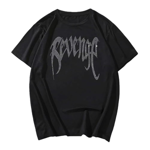 Camiseta de algodón 100% de estilo único Unisex, tela de punto en blanco peinado con estampado de diamantes de imitación, Camisa estampada holgada para hombre - Product Image 1