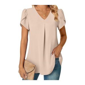 Chemise élégante pour femmes à col en V, à manches courtes plissées, en tissu doux, de couleur unie, coupe ample, idéale pour le travail, les fêtes, les événements, le style quotidien - Product Image 1