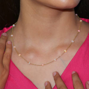 GOODSTONE Natural White Opal Beaded Chain <b>Necklace</b> for Women in <b>925</b> Sterling <b>Silver</b> Yellow Gold Size 18 IN Birthstone Jewelry - Product Image 2