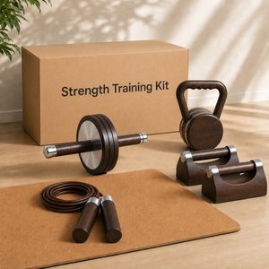 Kit d'entraînement de force premium pour la maison, ensemble d'équipements de fitness en bois, <span class=keywords><strong>kettlebell</strong></span>, rouleau abdominal, barres de pompes, corde à sauter, tapis de yoga en liège - Product Image 1