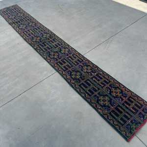 1.3x9.9 ft Turkish Rug, Vintage <b>Runner</b> Rug, Blue <b>Green</b> Southwestern Wool Rug - Product Image 2