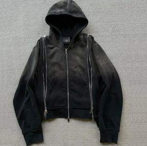 Fabricante personalizado 100% algodón pantalones de chándal acampanados y Sudadera con capucha de gran tamaño desgastado Vintage Sun Faded Zip up ácido lavado Sudadera con capucha hombres - Product Image 1