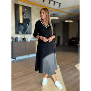 Vestido Midi Modal Verde Claro con Cuello en V y Manga Larga para Mujer, 29516 - Negro - Product Image 3