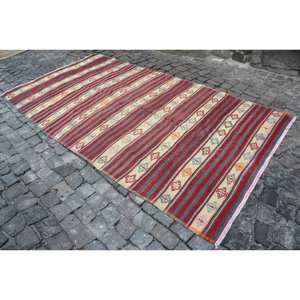 Alfombra Vintage turca Kilim rojo Beige 5,1X9,7 pies 10mm respaldo de látex de lana patrón de rayas de retazos para sala de estar pasillo nuevo - Product Image 2