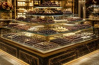 Luxuriöse Glas-Schokoladen-Vitrine mit LED-Beleuchtung und Goldverzierung, Bäckerei-Showcase für Einzelhandel und Süßwarengeschäfte