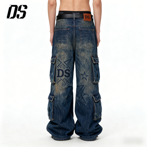 <span class=keywords><strong>Jeans</strong></span> Cargo Vintage Streetwear Blu Scuro con Etichetta Privata in <span class=keywords><strong>Pelle</strong></span>, Stampa Laser, Gamba Larga e Stile Baggy - Product Image 3