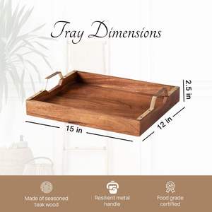 Plateau de service en bois pour en-cas, style moderne, couleur dorée, poignées métalliques, articles de cuisine, écologique, qualité commerciale, restauration - Product Image 4