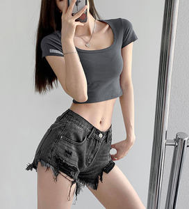 กางเกงขาสั้นเอวสูงทรงเอแบบวินเทจสำหรับผู้หญิงกางเกงเอวสูงทรงปกติดีไซน์เป็นรูระบายอากาศได้ดีฤดูร้อน - Product Image 5