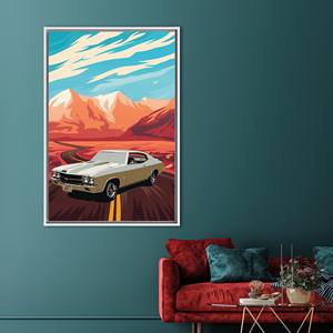 ผ้าใบพิมพ์ลาย: งานศิลปะรถอเมริกันมัสเซิลคาร์สไตล์วินเทจ ดีไซน์กราฟิกย้อนยุค กรอบสีขาว - Product Image 1