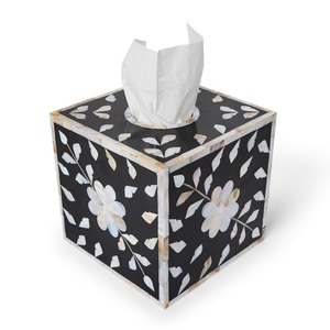 Caja de pañuelos de madera con incrustaciones de madreperla con tallado floral Caja de pañuelos de lujo con diseño de concha de madreperla blanca - Product Image 6