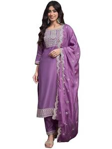 Traje étnico festivo de seda para mujer elegante estilo Bollywood púrpura bordado Kurta Set Dupatta Partywear Salwar Kameez - Product Image 4