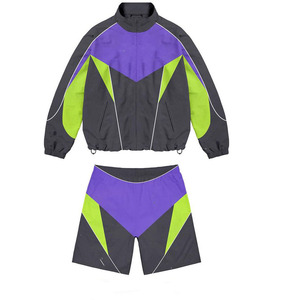 Mens 220 GSM Premium Polyester Mesh <b>Jacket</b> And Short Set Black <b>Purple</b> Green Panel Custom Print Logo Windbreaker Shorts for Men - Product Image 6