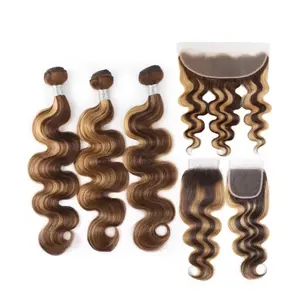 Virgin Brazilian Hair 3 Bundles and Closure 100% Human Hair Bundles Highlight Piano Color Hair Extension With Frontal