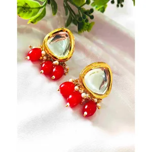 Ensemble de collier plaqué or 24 carats Kundan Meenakari avec perles rouges, bijoux de mariée vintage raffinés pour cadeaux - Product Image 4