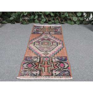 Tapis de 1,1 x 2,9 pieds, tapis turc vintage, tapis en laine rayé marron et bleu - Product Image 4