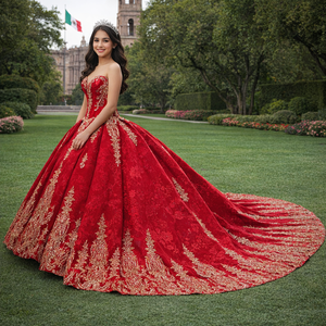 Vestido de Noche Rojo Vintage 6980 con Escote Corazón, Encaje Dorado, Apliques de Cristal y Bordados, Cintura Natural - Product Image 1