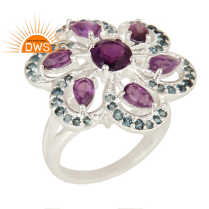 Anillo de diseño Floral de Plata de Ley 925, Topacio Azul Londres Natural y amatista, joyería personalizada para mujer, regalo para ella - Product Image 1