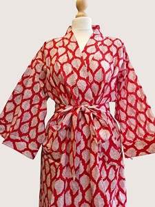 Bata Larga de Mujer con Estampado de Hojas Rojas, Manga Tres Cuartos, Cuello Mandarín, 100% Algodón Suave, Estilo Casual de Primavera con Cordón Ajustable - Product Image 5