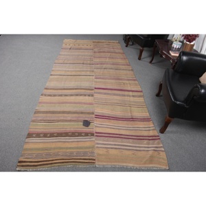 Tapis Kilim, tapis turc de 4,3 x 10,6 pieds, tapis rayé brun en laine - Product Image 1