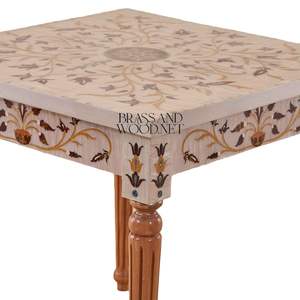 Mesa Auxiliar Cuadrada de Madera Blanca de Lujo con Arte Floral Pintado a Mano y Patas Acanaladas Clásicas para una Decoración Elegante en el Rincón del Hogar - Product Image 5