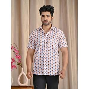 Chemise décontractée en popeline de coton blanche pour homme, imprimée, manches courtes, respirante, style western, taille XL - Product Image 3