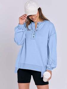 Sudadera Holgada Informal de Otoño para Mujer, con Capucha, Estilo Henley, Azul Claro, Manga Larga, Botones en la Parte Delantera, Suave y Cómoda - Product Image 3
