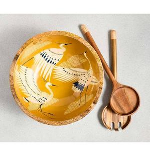 Grand bol de service en bois d'aspect bambou fait à la main, ustensiles de cuisine écologiques avec intérieur en émail floral, saladier de fruits décoratif - Product Image 6