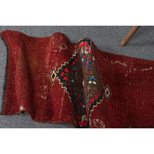 พรมวินเทจตุรกี ขนาด 1.4x3.37 ฟุต (43x103 ซม.) พรมขนสัตว์สีแดง - Product Image 5