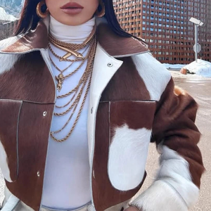 แจ็กเก็ตหนังวัวสำหรับผู้หญิงเสื้อแจ็กเก็ตหนังขนวัวแบบเปิดปิดคอเสื้อแขนยาวและซับในผ้าซาตินระบายอากาศได้ดี - Product Image 2