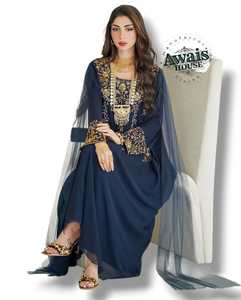 Vestido Largo de Gasa con Escote en V, Manga Larga, Lentejuelas, Perlas, Cristales y Bordado a Mano, Estilo Sencillo y Modesto - Product Image 2